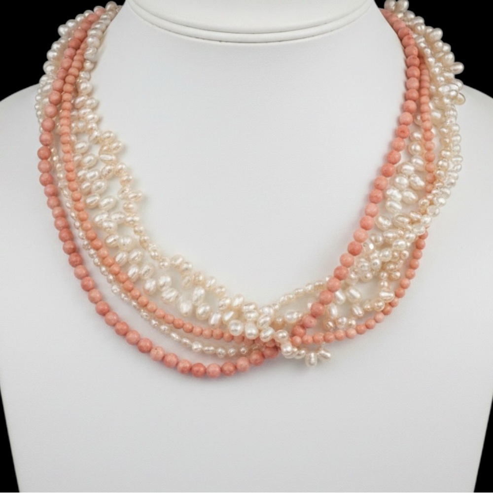 Sterling Multi Strand Freshwater Pearl Necklace Pink White 925 LH Clasp 17”